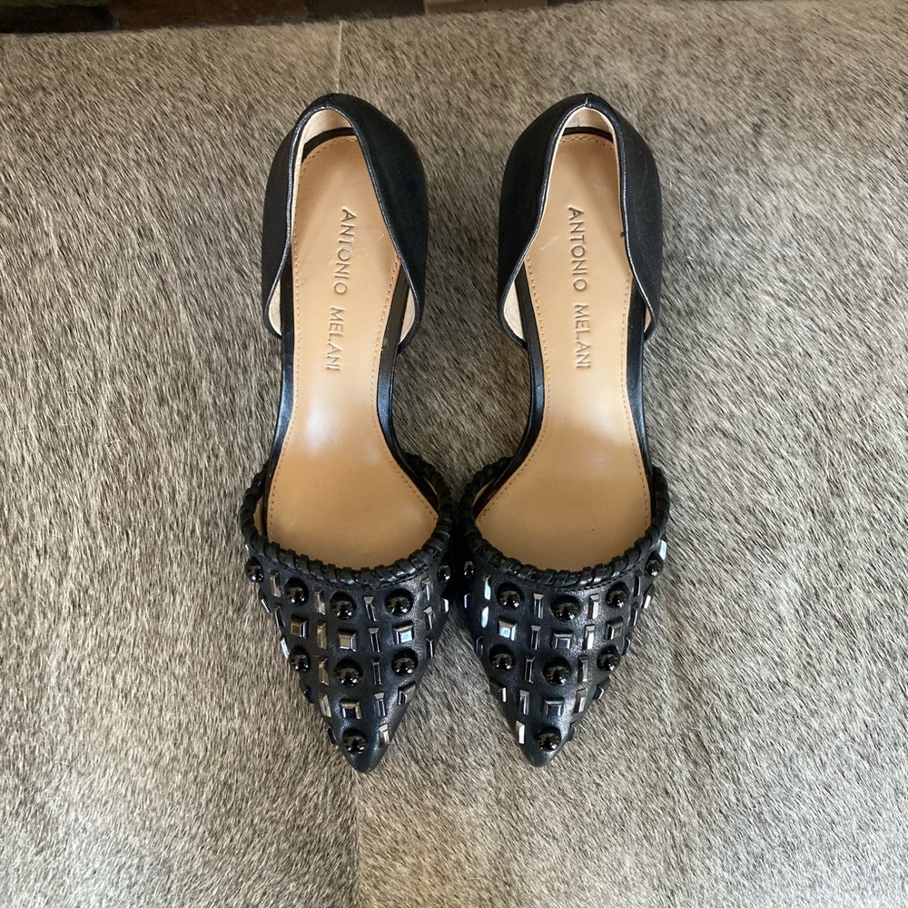 Antonio Melani Vivica Black Leather Pointed Toe Stud Kitten Heel - Picture 7 of 12